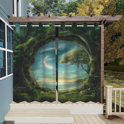 Forest Theme Waterproof Indoor/Outdoor Curtains,Trees Moon Lake Pattern,Waterproof, Privacy, Grommet Curtains for Patio, Pergola, Porch, Deck, Lanai, Cabana,2 Panel,W42 x L63,Green