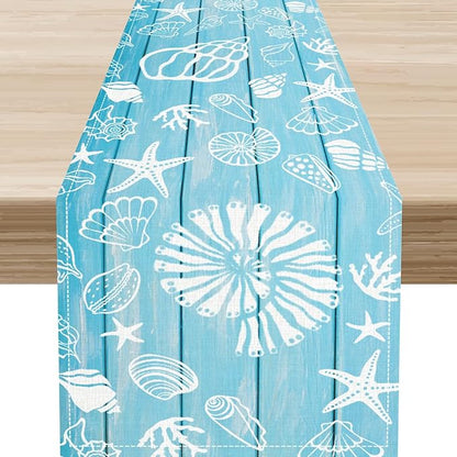 Beach Starfish Table Runner, Blue Wooden Nautical Coastal Ocean Seashell Teal Print Summer Vintage Coffee Table Center Decor for Family Holiday Party Kitchen Farmhouse Table Decorations, 13" X 90"