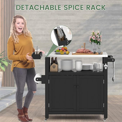 Weatherproof HIPS Outdoor Kitchen Island with Stainless Steel Top & Storage Cabinet, Movable Prep Table with Wheels for BBQ Food Prep, Outdoor Grill Cart for Parties, Black