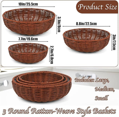 Imitation Wicker Bread Basket, 3 Pack Woven Rattan Basket Round Woven Baskets Woven Breads Baskets For Serving Vegetables, Kitchen, Restaurant, Outdoor, 3 Sizes (Brown)