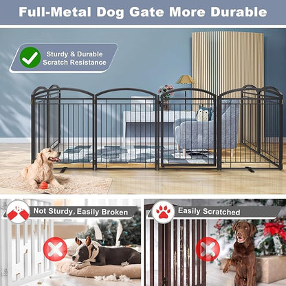 Full Metal Free Standing Dog Gate with Door for Indoor Outdoor, 192'' Extra Wide 36'' Tall Dog Gate for Doorways,Large Openings,Decks,Pet Puppy Freestanding Safety Fence(8 Panels,Black)