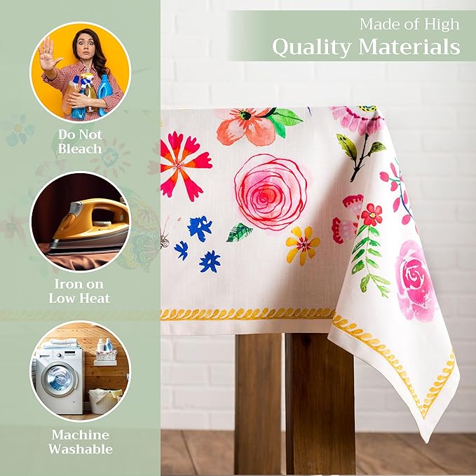 Maison d' Hermine Table Cloth Square Table 100% Cotton 54 x 54 Inches Tablecloth Reusable Decorative for Dining Room, Farmhouse, Home, Party, Festive & Wedding Spring Summer - Happy Florals - Sweety