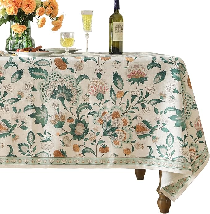 patdrea Designer Green Long Rectangle Table Cloth,Vintage Italian Floral Country Linen Breathable Tablecloth,Decor Cover for Kitchen Dining,Christmas,Tea Party,Thanksgiving,63"x102"-Tree Life