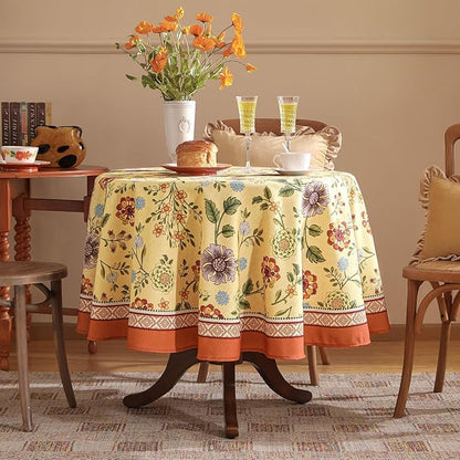 Vintage Linen Tablecloth for Round Table,Yellow Floral French Wrinkle Free Tablecloths,Decorative Table Cover for Kitchen,Dining,Thanksgiving,Party,Farmhouse,Diameter 67"-Bellano