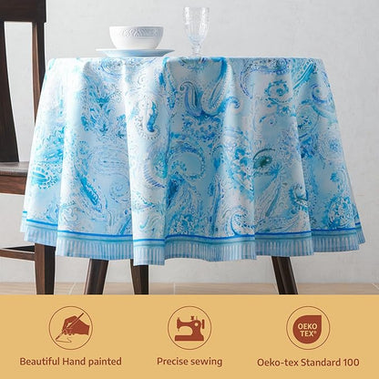 Maison d'Hermine Premium Table Cloth Round Table 100% Cotton 70 Inches Tablecloth Reusable Decorative Everyday Use for Dining Room, Farmhouse, Home, Party, Festive & Wedding - Paisley Blues