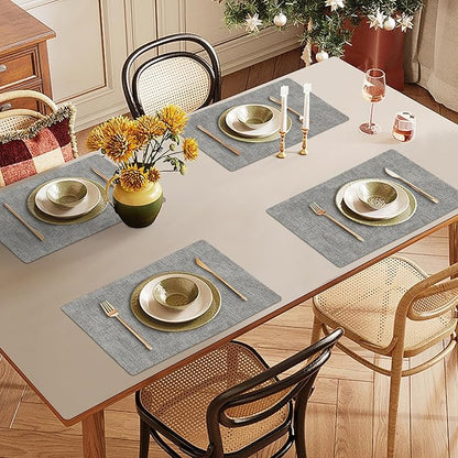 Faux Leather Heat Resistant Placemats Set of 8 – Waterproof Oilproof Wipeable Dining PU Vinyl Place Mat Easy Clean Table Mats for Kitchen/Dining/Party/Holiday, Light Grey