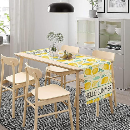 Spring Yellow Lemon Table Runner, Hello Summer Seasonal Exotic Fresh Fruits Plants Branch Leaves Print Table Cover for Farmhouse Kitchen Table Party Decor, 13x90inch