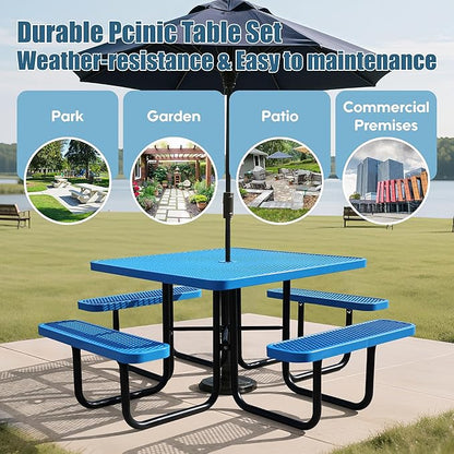 46'' Square Picnic Table for Outdoors, Commercial Steel Metal Picnic Tables, Heavy Duty Sturdy Picnic Tables Furniture Set for Patio Garden Courtyard BBQ, with Umbrella Hole, Blue