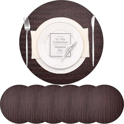 PIGCHCY Round 15" Water-Resistant Placemats Set of 6, Premium Faux Leather Placemats PVC Easy Clean Table Mats for Hotels Outdoor Dining, Wedding Decor (Brown)