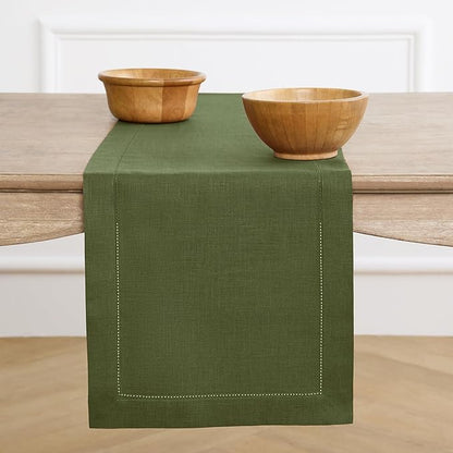 Solino Home Linen Olive Table Runner 72 Inches Long - 100% Pure Linen Hemstitch Table Runner 14 x 72 Inch for Dresser, Dining, St Patricks Day - Classic Hemstitch