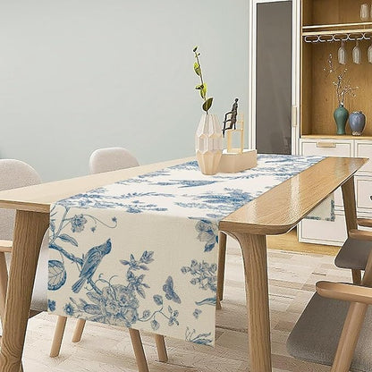 Spring Flower Table Runner, Farmhouse Vintage Blue White Floral Bird Print Table Runner for Kitchen Dining Table Party Wedding Decor, 13x108inch