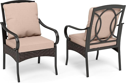 PHI VILLA Patio Chairs Set of 2, Heavy Duty Outdoor Metal Wicker Dining Chair with Thick Cushions, Large All Weather Wrought Iron Deck Chair for Outisde, Porch Backyard, Support 300lbs