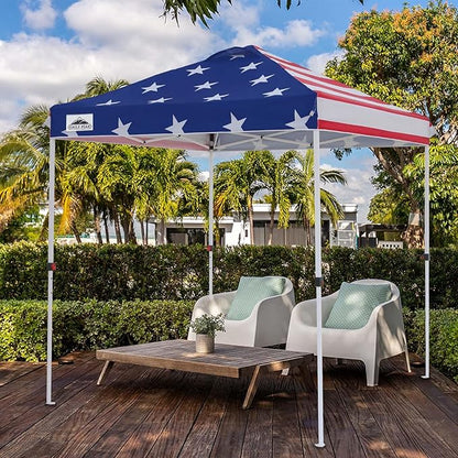 EAGLE PEAK Pop Up Canopy Tent with Wheeled Carry Bag, 8 Stakes, 4 Ropes, Easy Set Up Tent Canopy, 6.6x6.6 ft, American Flag