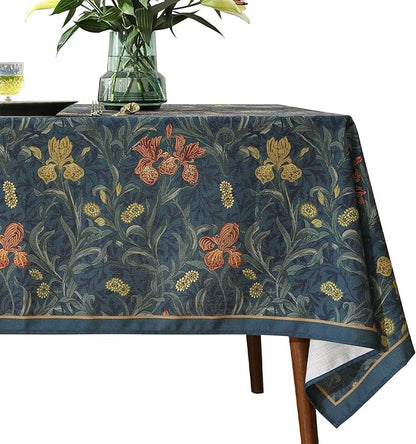 patdrea Designer Vintage Dark Blue Linen Rectangle Tablecloth,French Rustic Floral Pattern Tablecloths,Decorative Table Cover Cloth for Kitchen,Dining,Tea Party,Home,Christmas,63"*94"