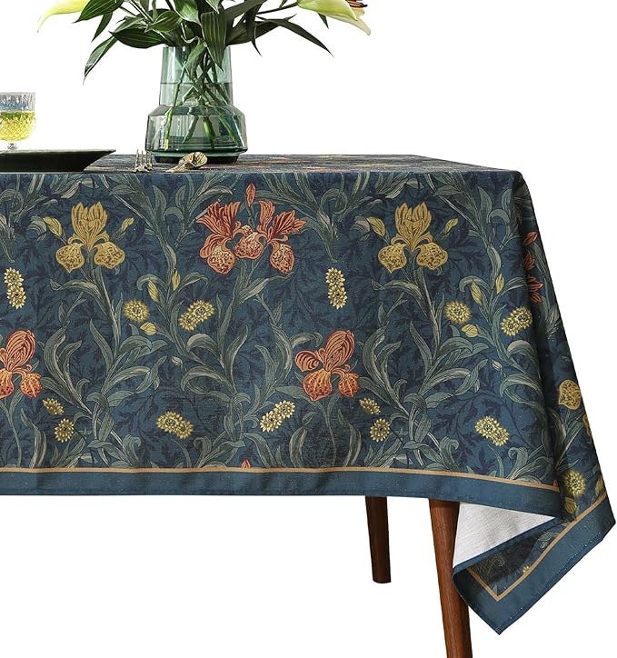 patdrea Designer Dark Blue Linen Rectangle Tablecloth,Vintage French Rustic Floral Pattern Tablecloths,Decorative Table Cover Cloth for Kitchen,Dining,Tea Party,Home,Christmas,55"*71"