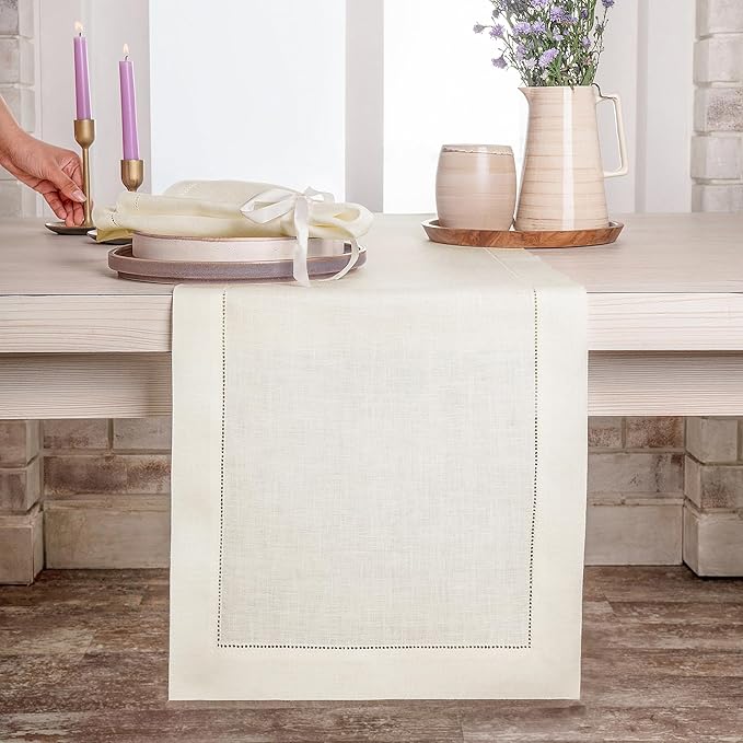 D'Moksha Homes Linen Ivory Table Runner 84 Inches Long - 100% Pure Linen Table Runner 14 x 84 Inch for Valentines, Spring, Easter - Classic Hemstitch