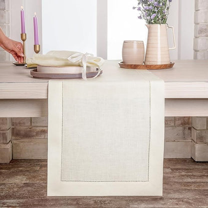 D'Moksha Homes Linen Ivory Table Runner 72 Inches Long - 100% Pure Linen Hemstitch Table Runner 14 x 72 Inch for Dresser, Dining, Valentines, Spring, Easter - Classic Hemstitch