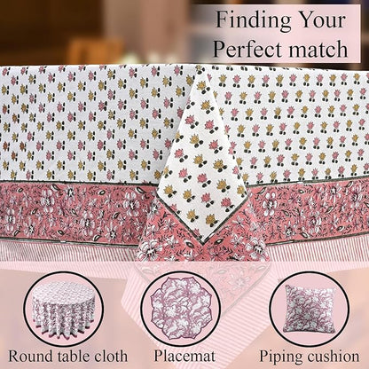 CPC Rosette Bloom Tablecloth 100% Cotton 70x118 Inch Indian Block Print Rectangle Table Cover, Table Cloth for Gifting in Weddings, Halloween, Fall, Christmas, Thanksgiving