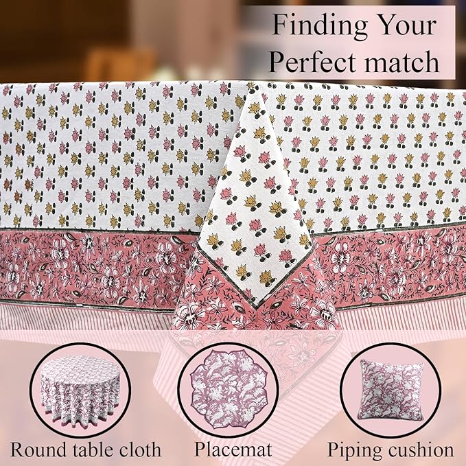 CPC Rosette Bloom Tablecloth 100% Cotton 72x160 Inch Indian Block Print Rectangle Table Cover, Table Cloth for Gifting in Weddings, Halloween, Fall, Christmas, Thanksgiving