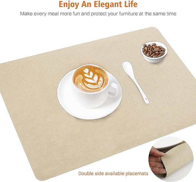 Vinyl Placemats Set of 6 Heat Resistant Easy Clean Non-Slip Place Mats for Dining Table. Faux Leather Waterproof Stain Resistant Wipeable Washable PU Table Mats(6, Beige)
