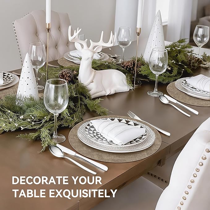 13" Round Placemats Set of 4, Reversible Faux Leather Heat Resistant Table Mats, Waterproof Oilproof Wipeable Table Protective Placemats for Vinyl, Washable for Indoor & Outdoor Use (4, Light Coffee)