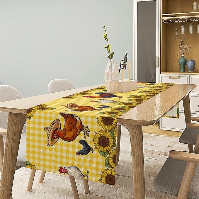 Farm Rooster Table Runner, Retro Western Farmhouse Chicken Sunflower Retro Yellow Buffalo Grid Print Table Runner for Dinning Holiday Party Indoor Outdoor Decor, 13x120inch