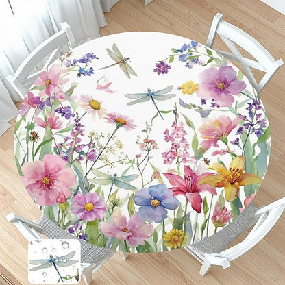Spring Summer Floral Round Fitted Tablecloth with Elastic Wildflower Dragonfly Circle Table Cloth for 48-52" Tables Farmhouse Easter Flowers Stretch Waterproof Table Cover for Picnic Outdoor Dining