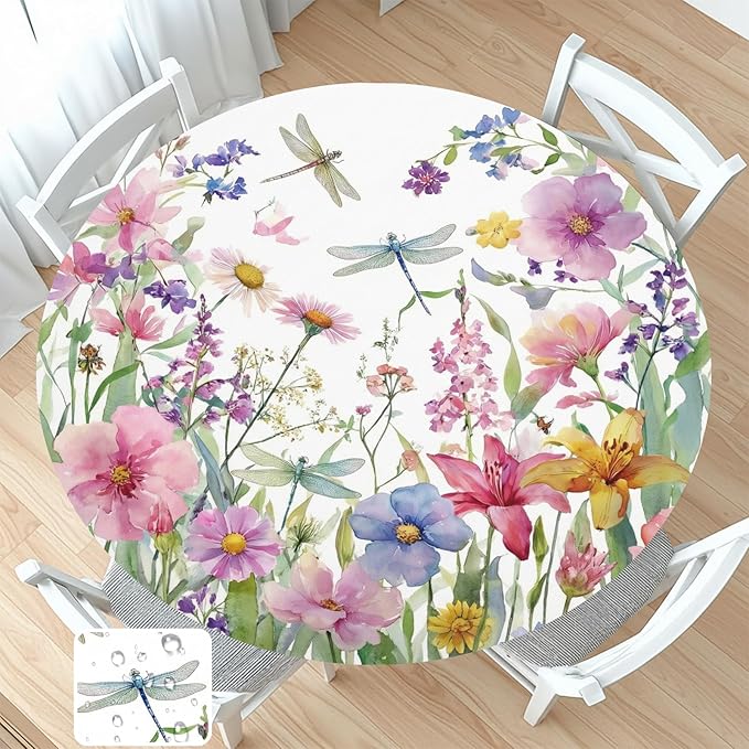 Spring Summer Floral Round Fitted Tablecloth with Elastic Wildflower Dragonfly Circle Table Cloth for 44-48" Tables Farmhouse Easter Flowers Stretch Waterproof Table Cover for Picnic Outdoor Dining