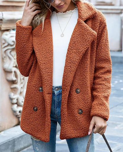 Women's Winter Warm Plush Cardigan Fuzzy Fleece Lapel Jacket with Buttons Pockets Long Sleeve Casual Outerwear
