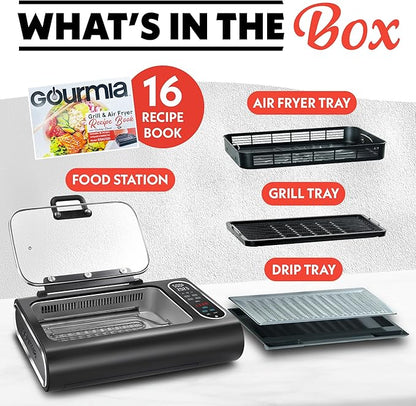 Gourmia Smokeless Indoor Grill & Air Fryer with Recipe Book – Electric Grill for Indoor Use, 5‑in‑1 Countertop Cooker, Cast-Iron Grate, 1650W, Glass Lid, Dishwasher-Safe Plates