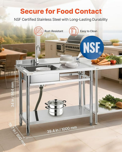VEVOR Stainless Steel Utility Sink, Free Standing Single Bowl Commercial Kitchen Sink with Faucet, 39.4 x 19.7 x 37 in, Utility Right Basin with Hot & Cold Water Pipe for Garage, Restaurant, Laundry