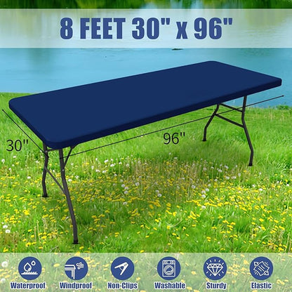 Spandex 8 Foot Rectangle Table Cloth 6 Pack, Elastic Fitted Tablecloths for Picnic, Stretch Washable Patio Table Cover for Outdoor, Camping, Banquet and Parties (Navy, 30"x96")