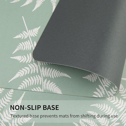 QIYI Placemats Set of 6, 12x18 Inch Faux Leather Place Mats for Kitchen Dinning, Heat Resistant Anti Slip Green White Table Mats, Waterproof Wipeable Washable Placemat Party Table Décor, Fern Leaves