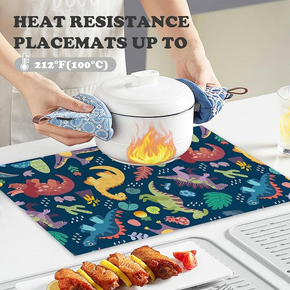 Dinosaur Placemats Set of 6,Cute Tropical Leaves Heat Resistant Table Mats Washable Place Mats for Party Kitchen Farmhouse Home Dining Holiday Decor 12x18 Inch