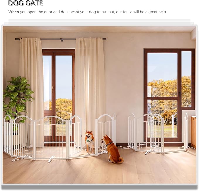4NM Metal No Drilling Expandable Dog Gate, Extra Wide 144", Extra Tall 32" Free Standing Pet Gate with Door, Gates for Dogs Outdoor or Indoor, with 4PCS Support - White