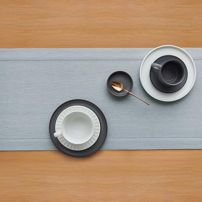 Solino Home Linen Dusty Blue Table Runner 60 Inches - Classic Hemstitch, 100% Pure Linen Coffee Table Runner 14 x 60 Inch Ideal for Dresser Tables - Winter, Spring, Easter