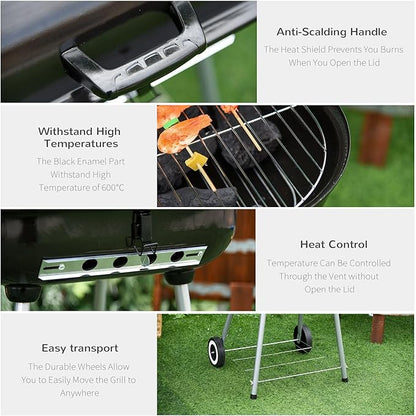 21 Inch Portable Charcoal Grill with Wheels and Bottom Shelf, Outdoor BBQ Smoker with Adjustable Lid Vents, Charcoal Barbecue for Picnic, Camping, Patio & Backyard