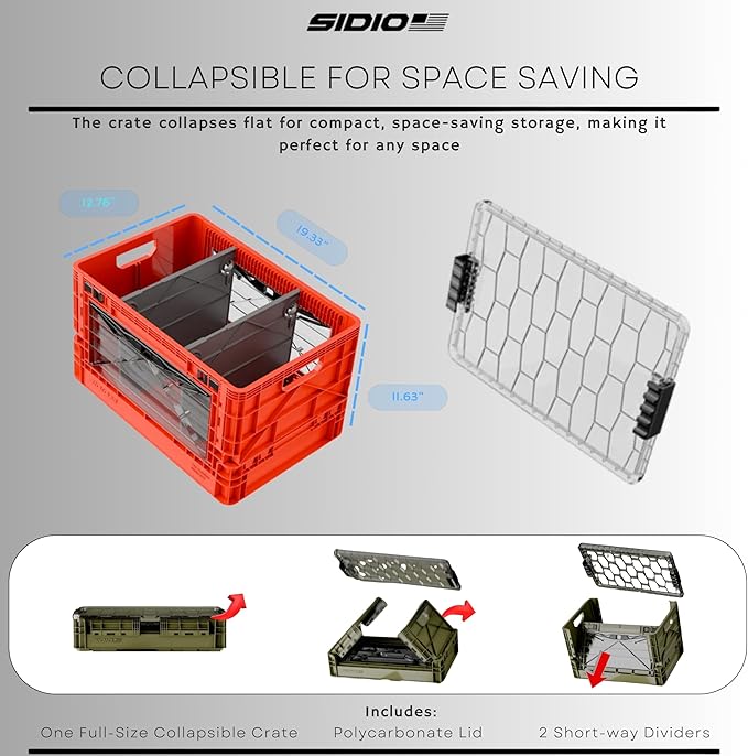 SIDIO Full-Size Collapsible Crate - Heavy Duty Stackable Storage Bin with Lid & 2 Short-Ways Dividers, Durable Plastic Organizer for Home, Office, Garage & Outdoor Use (Stealth)