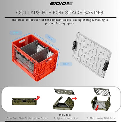 SIDIO Full-Size Collapsible Crate - Heavy Duty Stackable Storage Bin with Lid & 2 Short-Ways Dividers, Durable Plastic Organizer for Home, Office, Garage & Outdoor Use (Navy Gray)