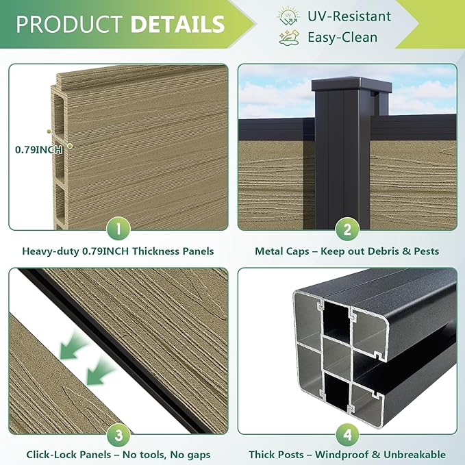 Mondaria Fence Privacy Screen with 8ft In-ground Posts, 6ft(H) x 24ft(W) Wood Plastic Composite Fence Panels Weather-Resistant Outdoor Fence for Backyard/Garden (Ancient Wood, 5 Posts)
