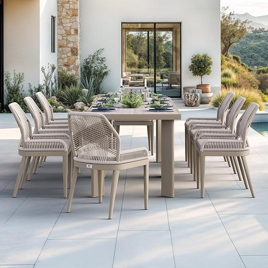 PURPLE LEAF 9 Pieces Patio Dining Set Aluminum Modern Rectangular Table and Wicker Chairs with Cushions for Kitchen Porch Garden Outdoor Furniture Sets, Champagne