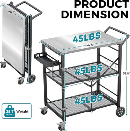 Ciokea Folding Outdoor Grill Cart with Wheels, 3-Shelf Grill Table with 27x18 in Stainless Steel Top, Rolling Pizza Oven Stand, Metal Portable Cart for BBQ Patio Camping (Black)