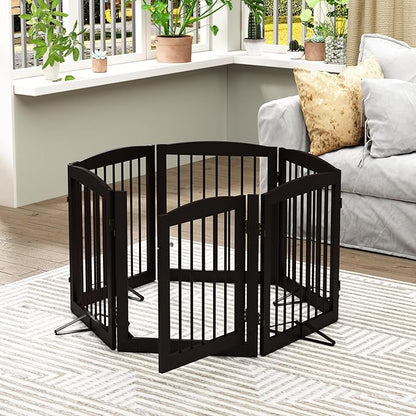 Freestanding Pet Gates with Walk Through Door, Dog Indoor Fence, Dog Gate for The House, Doorway, Stairs, Extra Wide Pet Gate, Support Feet Included, 120 Inch Wide, 6 Panels 24" Tall, Brown