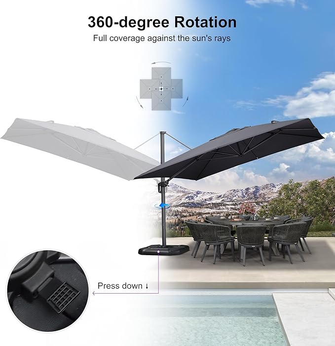 PURPLE LEAF Patio Telescopic Umbrella 11.5' x 11.5' Up Down Lifting Grey | - Image 6