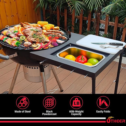 All-in-One Grill Table for Weber Kettle 22"/18"/26" & Smokey Mountain, Recteq Pellet Grill RT-B380, Prep Station with Cutting Board, Basin, 4 Hooks, Heavy-Duty Steel Side Shelf for Outdoor Cooking