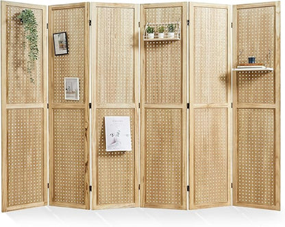 Pegboard Display, 5.6Ft Portable Freestanding Wall Organizer Wooden Room Divider Folding Privacy Screens for Craft Art Display Board (6panels, Natural)