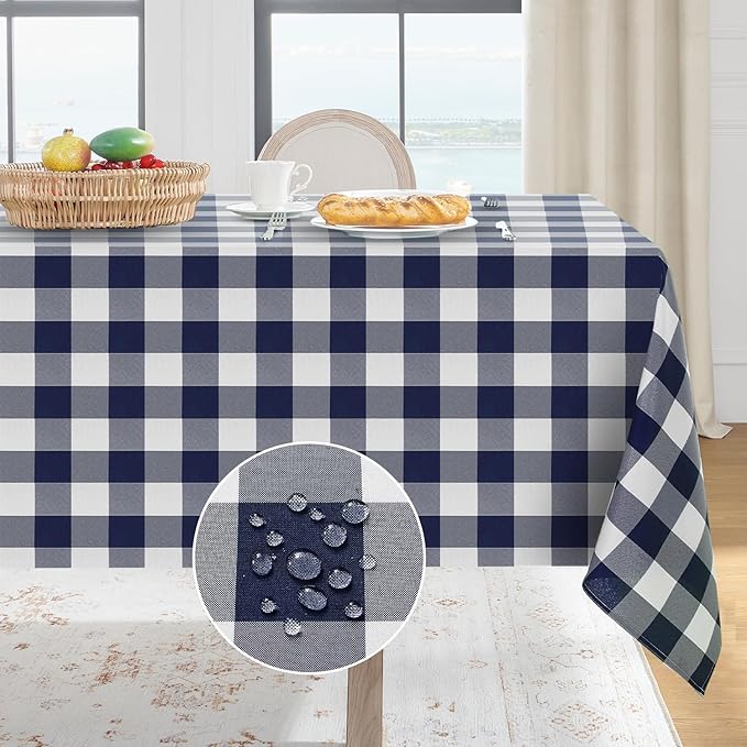 Softalker Gingham Checkered Tablecloth Square - Outdoor Waterproof Buffalo Plaid Table Cloth, Stain Resistant Washable Table Cover for Picnic, Camping, Dining - Navy Blue and White, 54 x 54 Inch