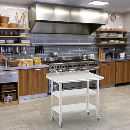 24x36 Inch Stainless Steel Work Table with Backsplash, Double Undershelves and Casters, Commercial Prep Table, Heavy Duty Kitchen Workbench, NSF Certified, Rust & Scratch Resistant