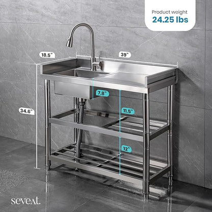 Stainless Steel Utility Sink Freestanding Laundry Sink with Pull-Out Faucet, Utility Tub with Bottom Shelves for Garage, Basement, Mudroom, or Workshop (Silver)