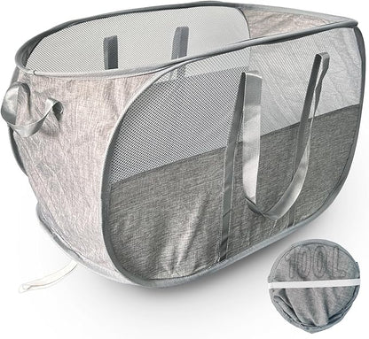 Upgraded 100L Extra Large Mesh Pop Up Laundry Hamper, Dirty Clothes Hamper with Reinforced Handles, Pop-up Hampers for Laundry Travel. Dorm or Home Portable Laundry Basket. Grey